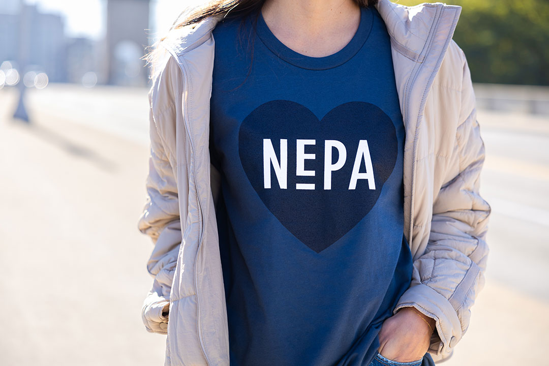 Model wearing Vintage Navy Love NEPA Shirt