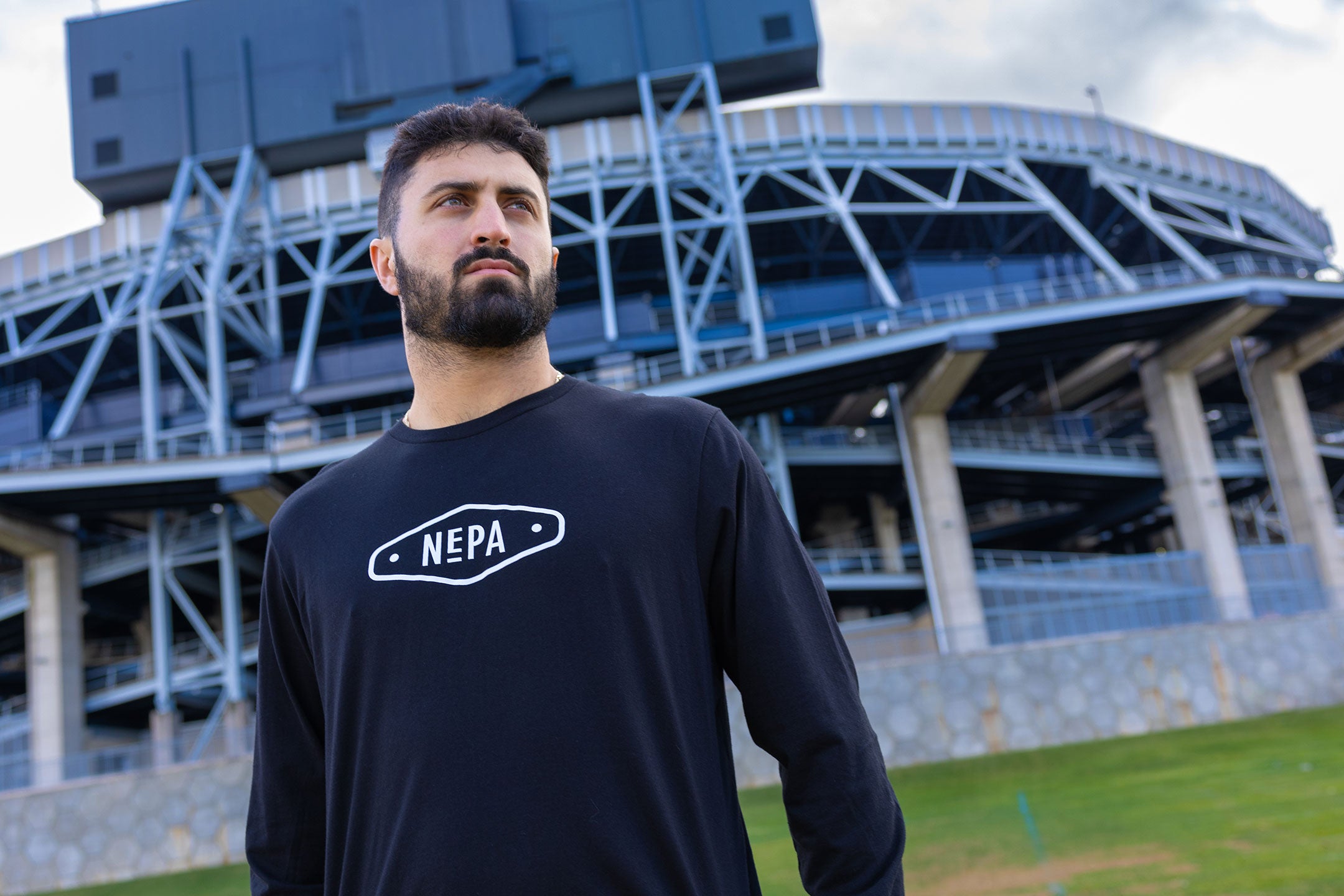 Dominic Deluca wearing Black Badge Long Sleeve outside Beaver Stadium in State College, PA